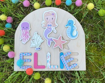 Tema sirena Puzzle con nome in legno / Regalo per bambino / Puzzle nome bambino / Regalo personalizzato / Regalo per il primo compleanno