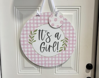 It’s a Girl Door Hanger | Baby Girl Hospital Door Sign | Pink Gingham Baby Announcement | Nursery Door Hanger | Baby Shower Gift