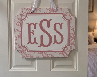 Personalized Pink Monogram Door Hanger | Coquette Bow Door Sign | Girls Bedroom Decor | Custom Initial Sign | Preppy Nursery Decor