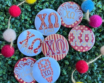 Chi Omega Buttons, Chi Omega Sorority Pin Back Buttons, Chi Omega Gift, Bid Day Buttons, Sorority Recruitment Gift, Big Little Gift