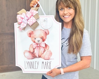 Teddy Bear Baby Hospital Door Hanger - Baby Door Hanger - Baby Name Sign - Pink Bow - Baby Girl - Blue Bow Baby Boy Birth Announcement Sign