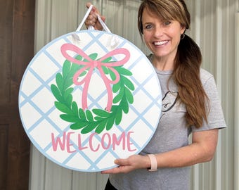 Spring Welcome Door Hanger, Pink Bow and Green Wreath Front Door Sign