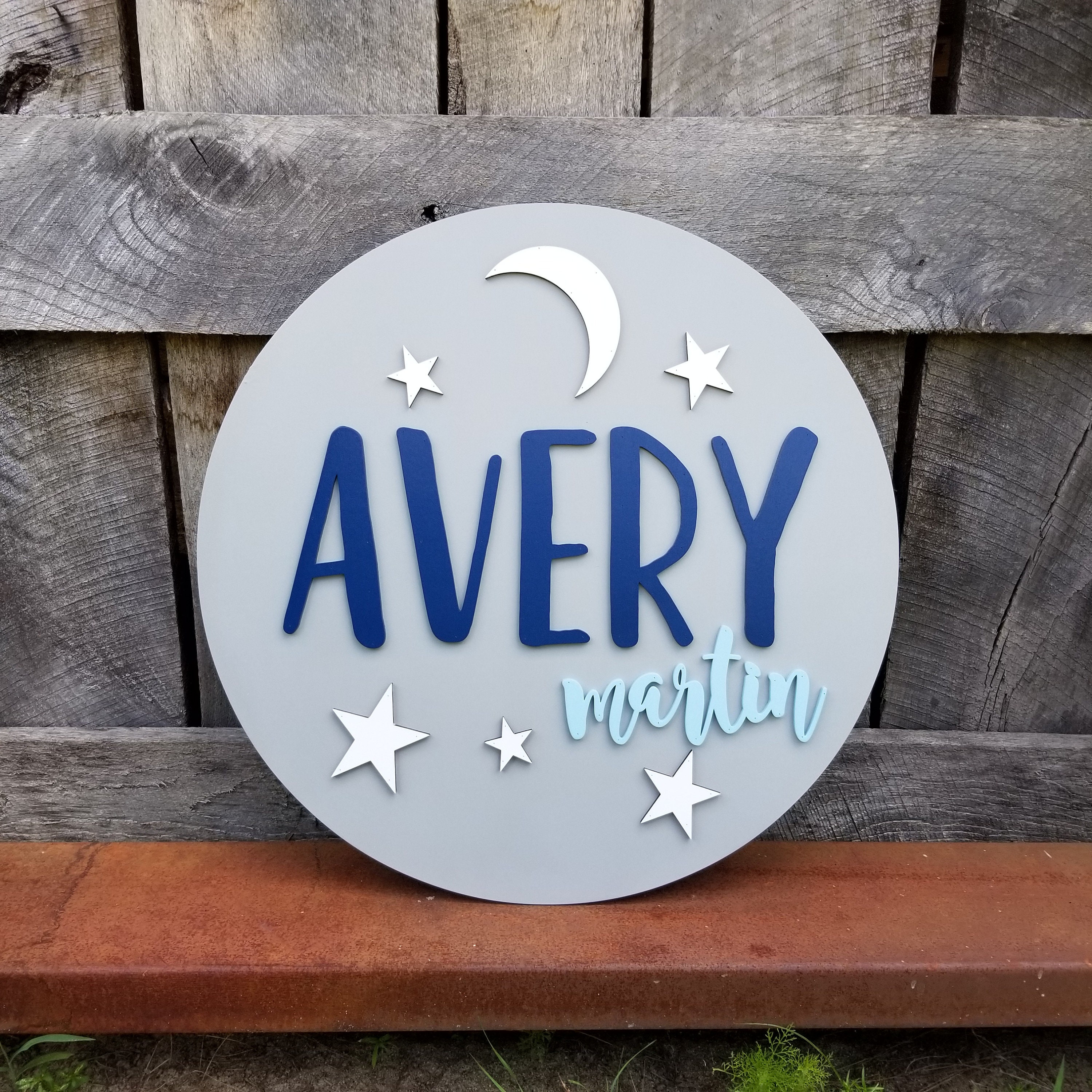 Moon and Stars Nursery Sign - Wooden Name Round - Wooden Name Sign - …
