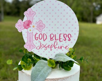 God Bless Cake Topper | Pink Cross & Butterfly Baptism Cake Topper | Christening Cake Decor | Baby Girl Religious Celebration