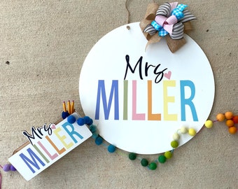 Teacher Gift Set- Personalized Teacher Pencil Holder and Door Hanger - Teacher Appreciation Gift - Gift for Teacher - Classroom Decor