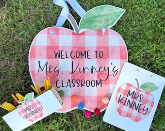 Personalized Classroom Decor Set, Custom Teacher Door Hanger, Gingham Apple Teacher Sign, Matching Clipboard and Pencil Holder, Teacher Gift