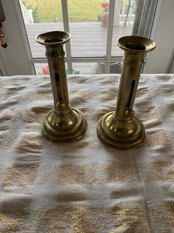 French Antique Pair of Brass Push-up Candlesticks. FD1 