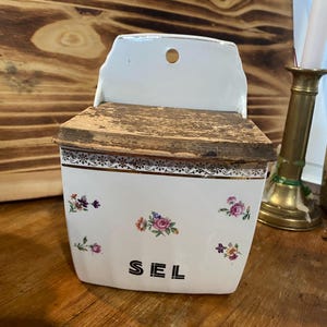 SALE 20% OFF ntique French salt box wall hanging porcelain salt keeper wooden lid