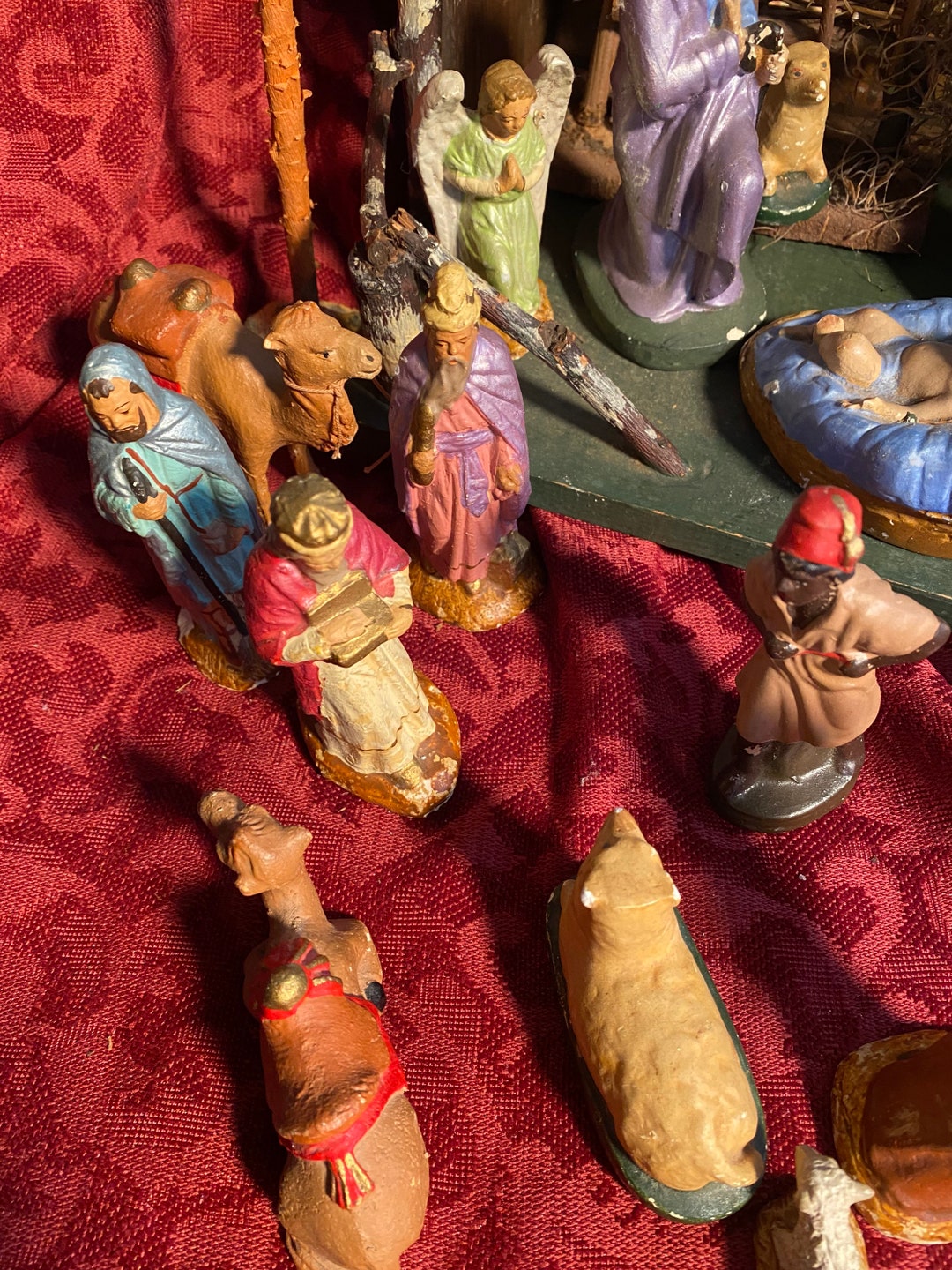 Antique Wood Manger Scene Vintage 25 Piece Manger Nativity Set From