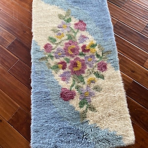 mid century rug vintage Rya shag rug plush wool rug  hook rug 1960s
