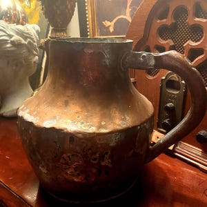French Antique Copper Pitcher: Hand-Forged 1800s Copper Pot