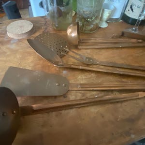 Vintage Solid Brass Kitchen Tools Utensils Plus Hanging Rack