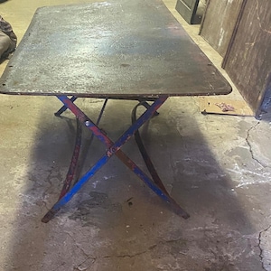 Antique French bistro long metal garden table, metal table top