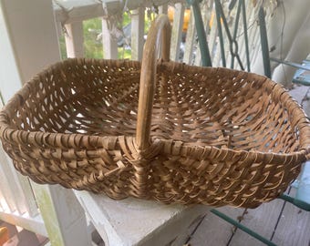 Antique French basket handcrafted woven wicker wood basket market basket garden gathering basket