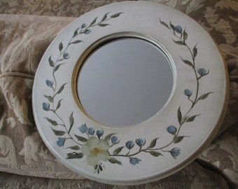 Vintage   mirror  romantic  white flower and blooming vine  pattern wood frame  round  white  mirror  elegant manor home