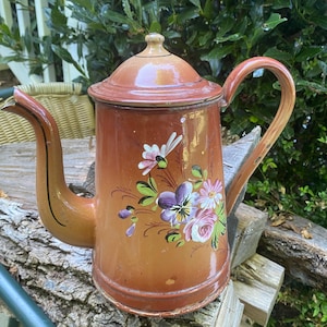 antique coffee  pot brown enamel pitcher  colorful flowers pattern old coffee maker pot French antique enamelware