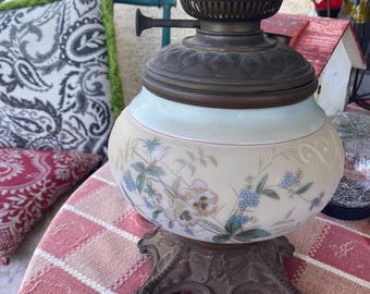 Antique kerosene lamp Hand-Painted Floral Pansies Parlor oil Lamp Hurricane Style