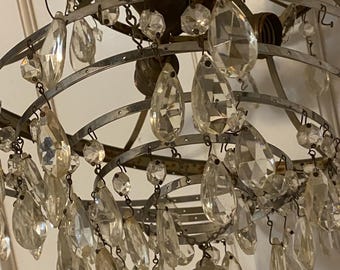 antique  salvaged 8 tiered crystal  chandelier  hanging light     elegant  candelier with crytals good for repair or replacement part