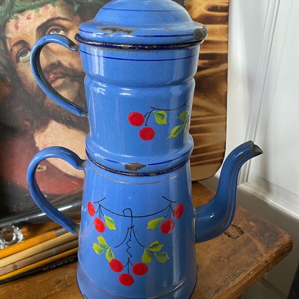antique Frenchenamelware coffee maker pot farmhouse blue enamel pitcher red cherries  pattern old coffee maker pot. T1