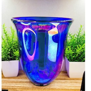 One Of A Kind Blue Art Glass Vase Bowl Signed Art Glass