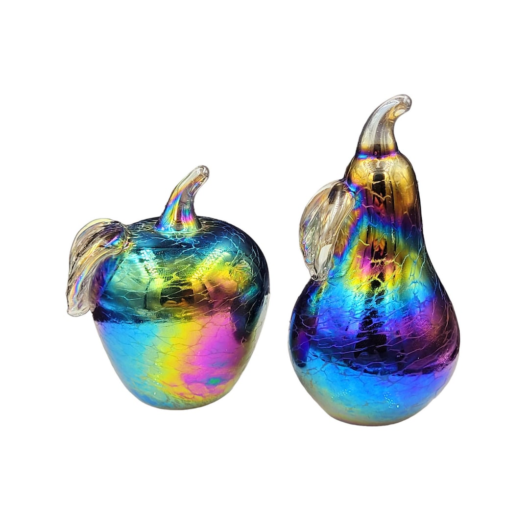 GLASS APPLE & PEAR Iridescent Paperweight Glass Fruit Ornements Etsy