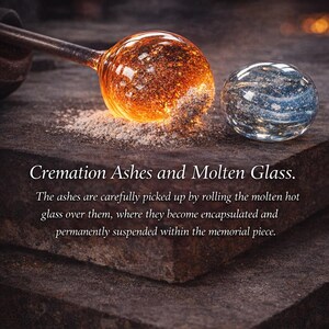 May include: Image showing the process of creating memorial glass art. Molten glass, glowing orange, is rolled over cremation ashes. A finished glass orb, with ashes suspended inside, sits nearby. Text reads "Cremation Ashes and Molten Glass."
