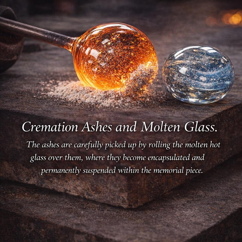 May include: Image showing the process of creating memorial glass art. Molten glass, glowing orange, is rolled over cremation ashes. A finished glass orb, with ashes suspended inside, sits nearby. Text reads "Cremation Ashes and Molten Glass."