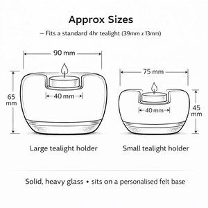 May include: Line drawing of two tealight holders with dimensions. The large holder is 90 mm wide, 65 mm tall, and holds a tealight that is 40 mm wide. The small holder is 75 mm wide, 45 mm tall, and holds a 40 mm wide tealight. The text says "Approx Sizes".