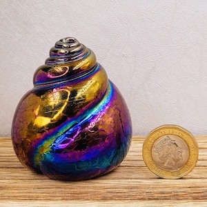 Könnte beinhalten: Eine kleine, irisierende Glasskulptur in Form einer Muschel. Die Muschel ist tiefviolett mit goldenen und blauen Akzenten. Die Skulptur ist etwa so groß wie eine deutsche 1-Euro-Münze.