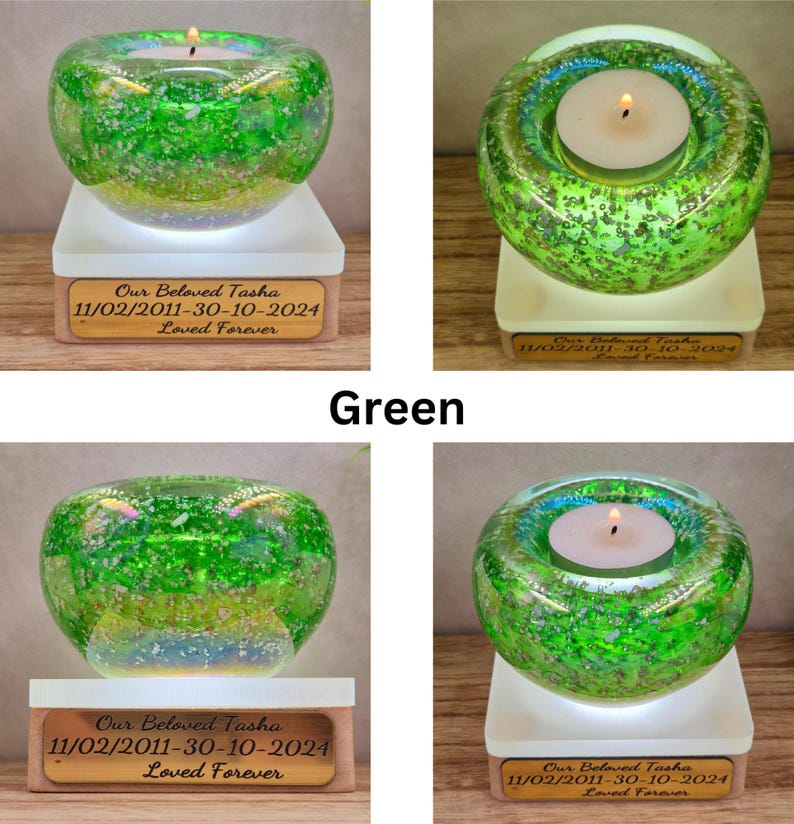Cremation Ashes Glass Tealight Holder: Memorial Candle Urn, Remembrance Gift Green