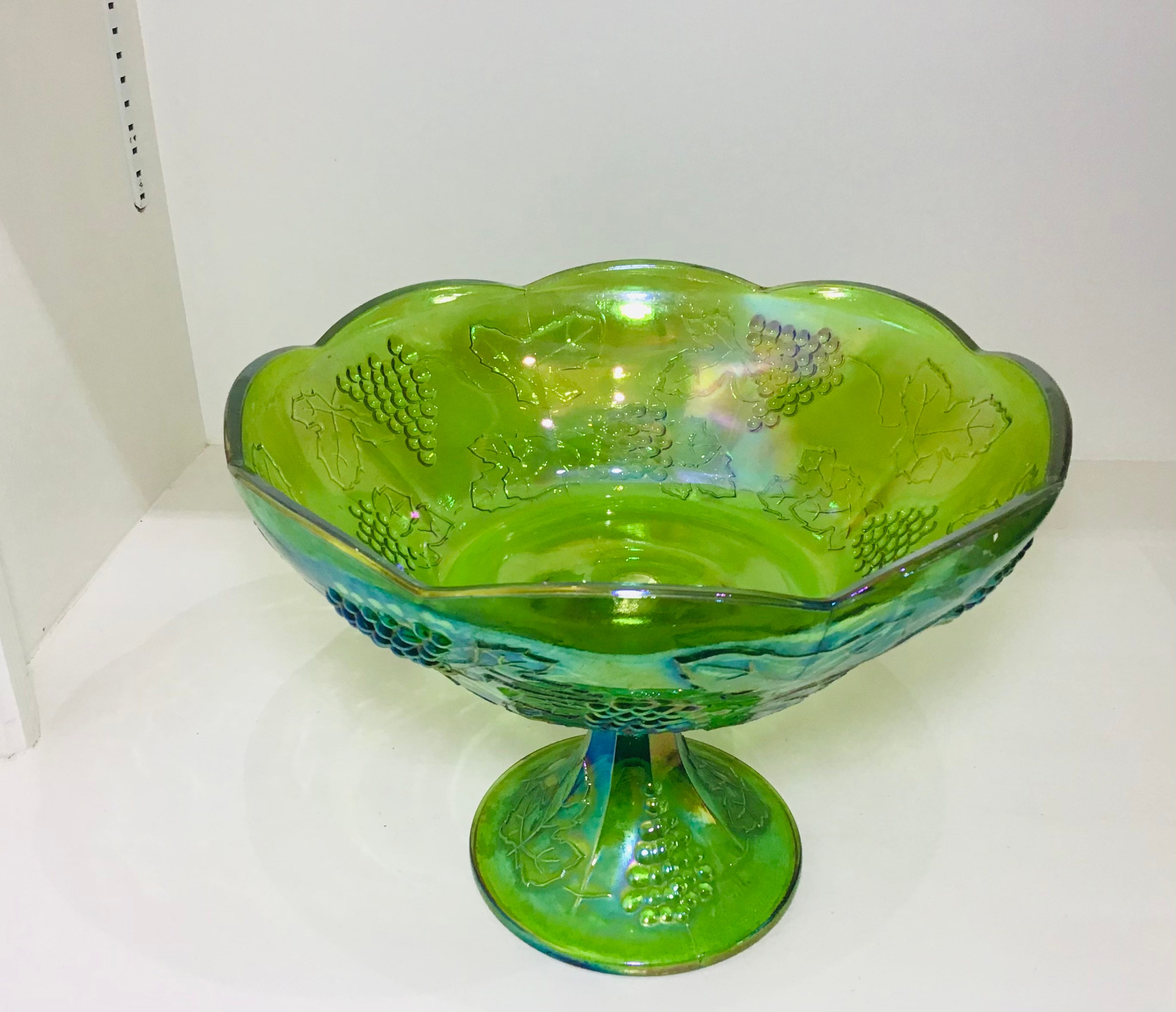 Carnival glass green fruit bowl vintage pedestal 10 inch wide Etsy
