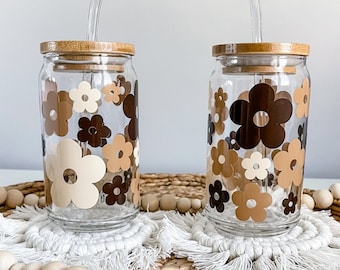 Retro Floral Glass Can: Iced Coffee Cup