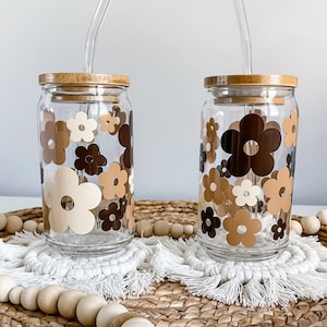 Retro Floral Glass Can: Iced Coffee Cup