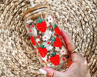 Strawberry Iced Coffee Cup: Flower Can Glass, Libbey Glass