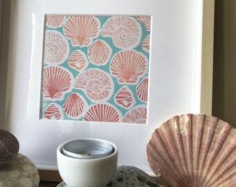 Linocut original handprint frameable greeting card | Seashells | Ammonite