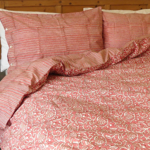 Duvet cover set, Snails in Leaves pure crisp woodblock printed cotton in lush watermelon pinky red