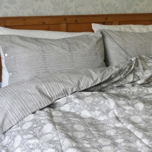 Duvet cover, Dahlia & Beetles pure crisp woodblock printed cotton in Mist grey