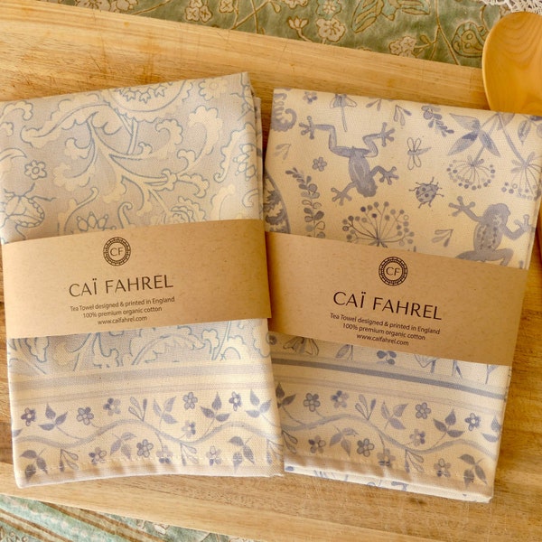 Organic cotton tea towels. Premium quality tea towels in my unique soft blue prints