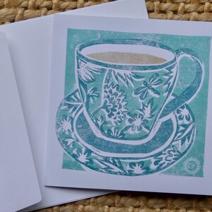 Tea Time kop en schotel set van 10 wenskaarten | Lino gesneden wenskaart