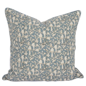 60cm Birds in Blossom woodblock printed linen cushion cover in Indigo or Watermelon
