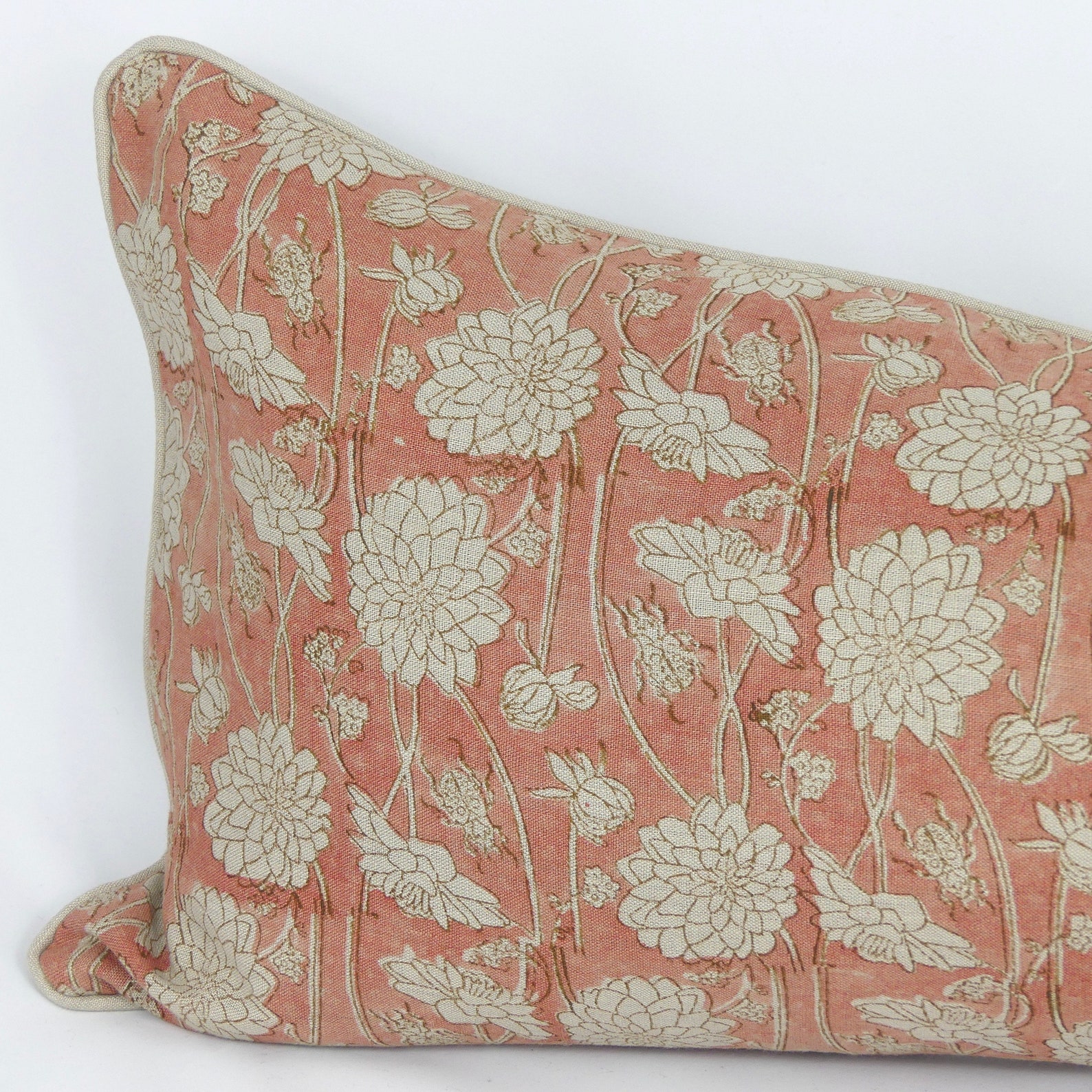 Woodblock printed linen lumbar cushion. Etsy