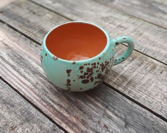 Handmade ceramic tea cup, tea mug, spotted light blue, planet enamel, large coffee cup, modern ceramics, modern pottery, round mug, AUMMADE