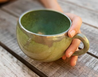 Handmade ceramic tea cup, tea mug, silver turquoise enamel, large coffee cup, modern pottery, round mug, AUMMADE