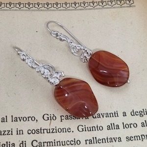 antique style silver floral earrings dangle with carnelian stone for women, romantic goth earrings, silver handmade earrings