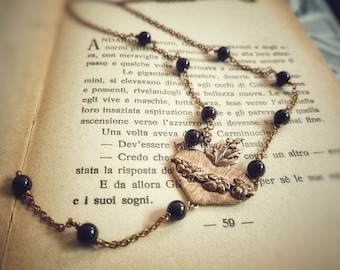 Sacred Heart Necklace with Garnet. Gothic Rosary Chain Necklace with Sacred Heart ex voto Rose Blossom, Mexican heart rosary necklace, italy