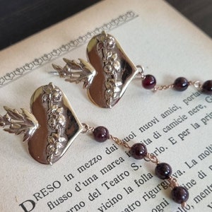 Statement Dangle Earrings with Sacred Heart and garnet beads, heart of Mary rosary chain pendant earrings, handmade whimsical goth earrings