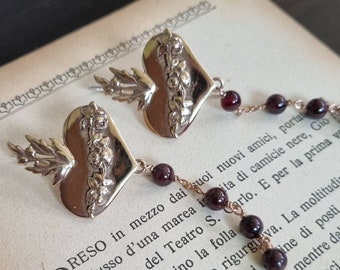 Statement Dangle Earrings with Sacred Heart and garnet beads, heart of Mary rosary chain pendant earrings, handmade whimsical goth earrings
