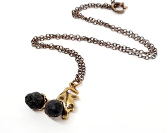 Handmade bronze Pendant Necklace with oak leaf and acorn lava rock for women, acorn necklace nature inspired, cottagecore autumn lover jewel