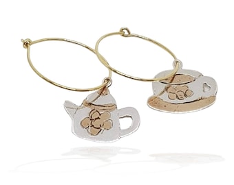 Dangle Hoop earrings with food charm, cute teapot and teacup earrings, funny food earrings, mismatched earrings for tea lovers, italy made