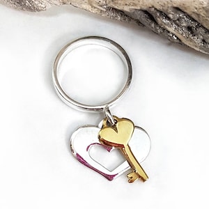 Love lock ring, Silver dangle heart ring lock and Key for women, dangle charm ring with heart pendant, ring berlock, handmade ring, italy
